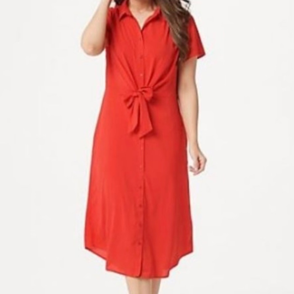 New Two-in-One Button Up Midi Dress Tie Waist Spaghetti Straps Cherry Red XXS